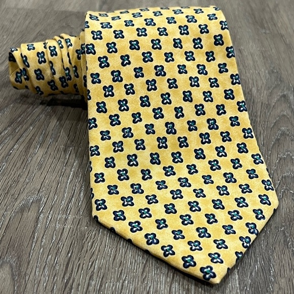 Polo Ralph Lauren Toe Made by Hand Yellow Geometric Navy Accent Designer Tie - Picture 1 of 12